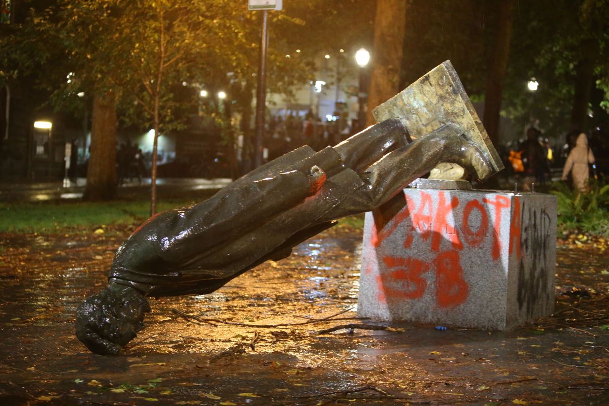 A group of protesters toppled statues of former presidents Theodore Roosevelt and Abraham Lincoln in Portland