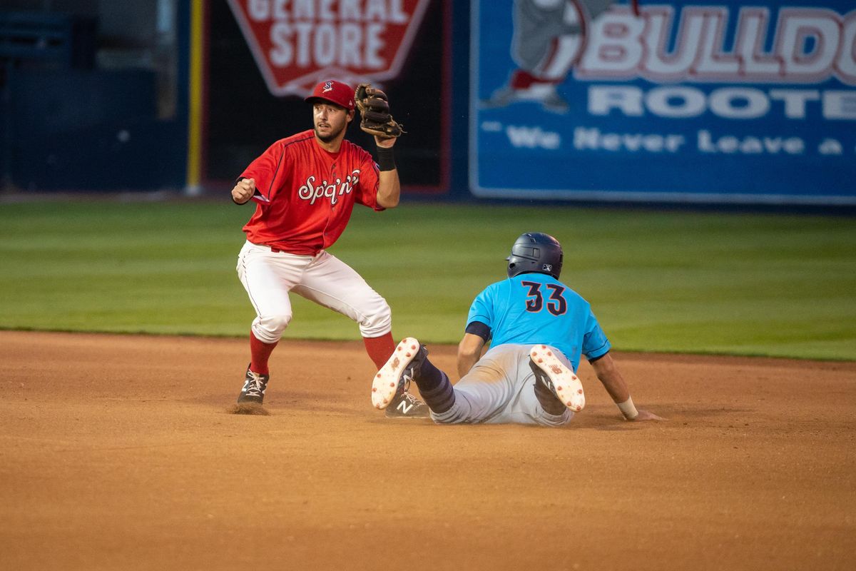 Tyler Depreta-Johnson of the Spokane Indians gets Everett AquaSox