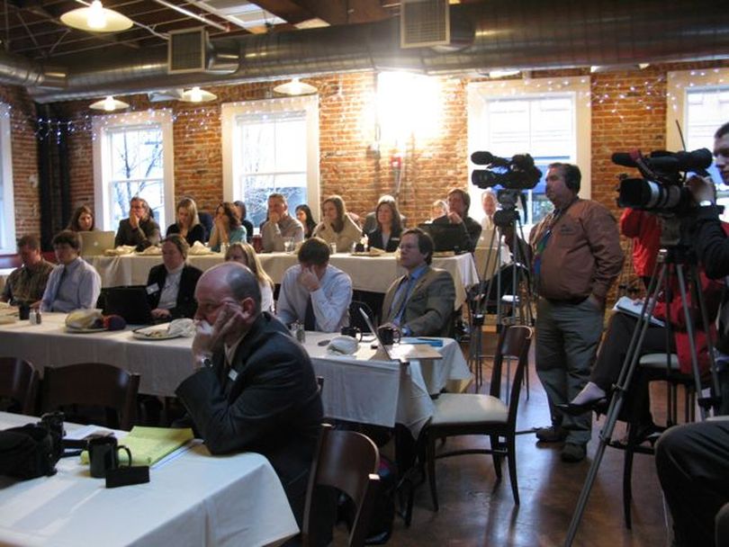 Idaho Press Club members listen to Gov. Butch Otter speak Wednesday morning as part of his annual 