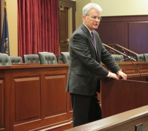 Former Oklahoma Sen. Tom Coburn speaks at the Idaho Capitol on Wednesday, Feb. 15, 2017 (Betsy Z. Russell)