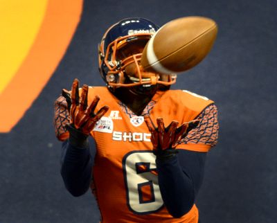Shock wide receiver Brandon Thompkins is wearing a Spokane Shock uniform again after spending several un-pleasant months with the Utah Blaze.  (Colin Mulvany)