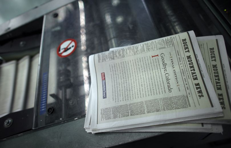 ORG XMIT: CODZ132 Copies of the final edition of the Rocky Mountain News sit in the Washington Street Printing Plant of the Denver Newspaper Agency in Denver on Thursday, Feb. 26, 2009. E.W. Scripps Co., owners of the News, which is Colorado's oldest newspaper dating back to 1859, announced on Thursday that the paper will cease publication with the Friday, Feb. 27 edition. (AP Photo/David Zalubowski) (David Zalubowski / The Spokesman-Review)