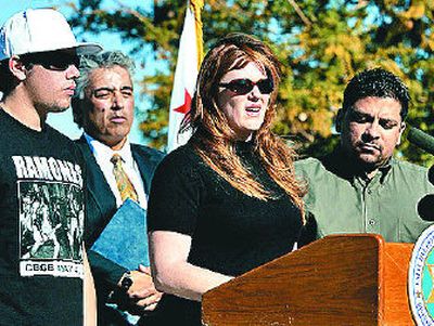 
Diane Lynn Gonzales, second from right, speaks in Indio, Calif., Thursday about murder charges filed against Joseph Duncan in the 1997 kidnapping and slaying of her 10-year-old son. 
 (Silvia Flores The Press-Enterprise / The Spokesman-Review)