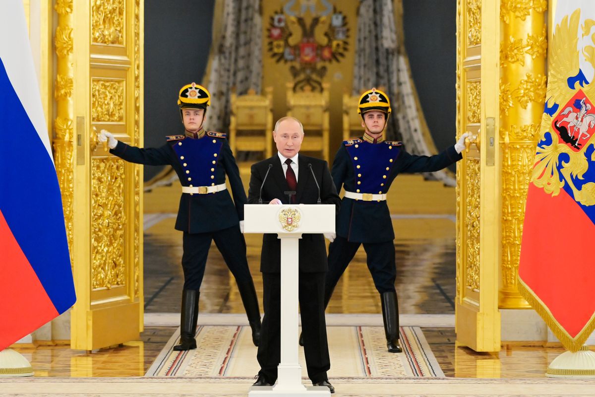 FILE - Russian President Vladimir Putin speaks during a ceremony to receive credentials from foreign ambassadors in Kremlin, in Moscow, Russia, Dec. 1, 2021.  (Grigory Sysoev)