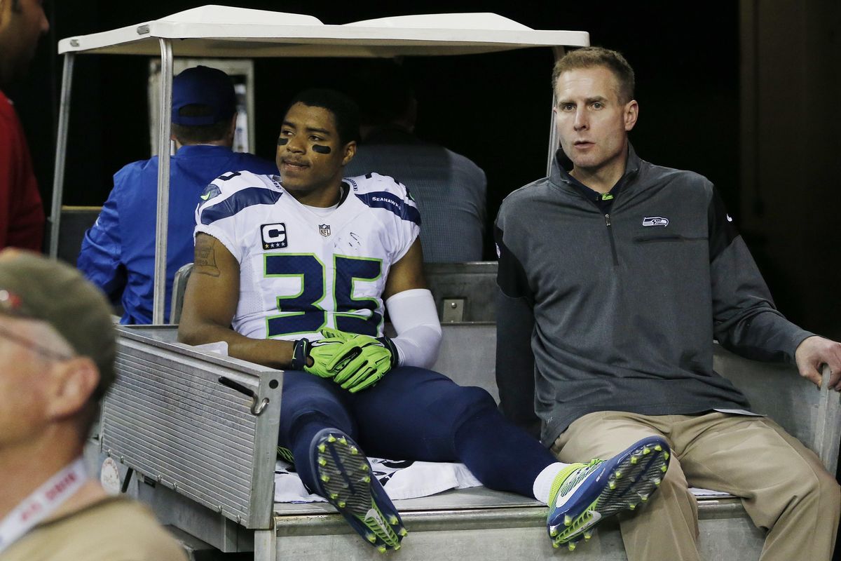 Seattle Seahawks cornerback DeShawn Shead (35) is taken off the field after injury against the Atlanta Falcons during the second half of an NFL football divisional football game, Saturday, Jan. 14, 2017, in Atlanta. (John Bazemore / Associated Press)