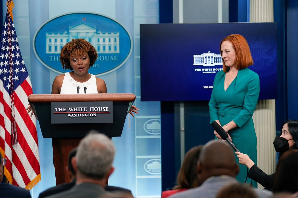 White House press secretary Jen Psaki, right, listens as incoming press secretary Karine Jean-Pierre speaks during a press briefing at the White House, Thursday, May 5, 2022, in Washington.  (Evan Vucci)