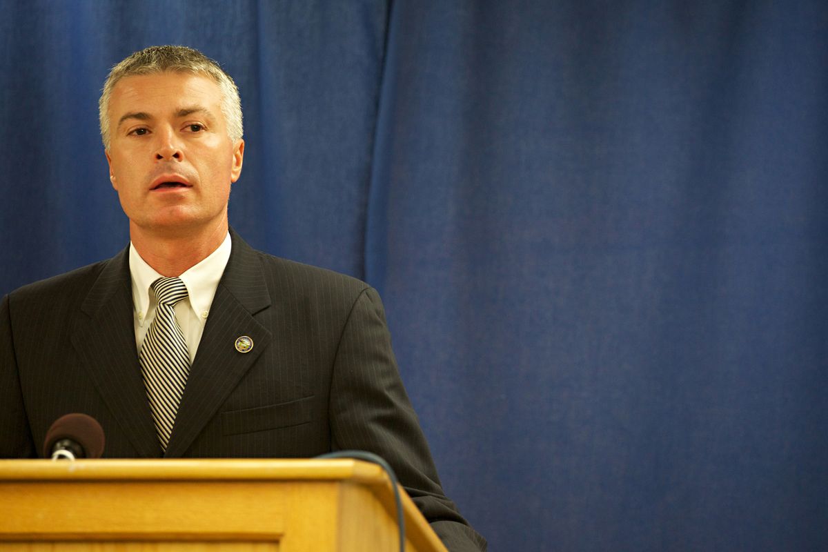 In this Tuesday, Oct. 30, 2012, photo, South Dakota Attorney General Marty Jackley speaks to media after the execution of Donald Moeller, the man convicted of killing 9-year-old Becky O'Connell in 1990. Moeller died by lethal injection at the South Dakota State Penitentiary in Sioux Falls, marking the state's second execution in a month. (Amber Hunt / Associated Press)