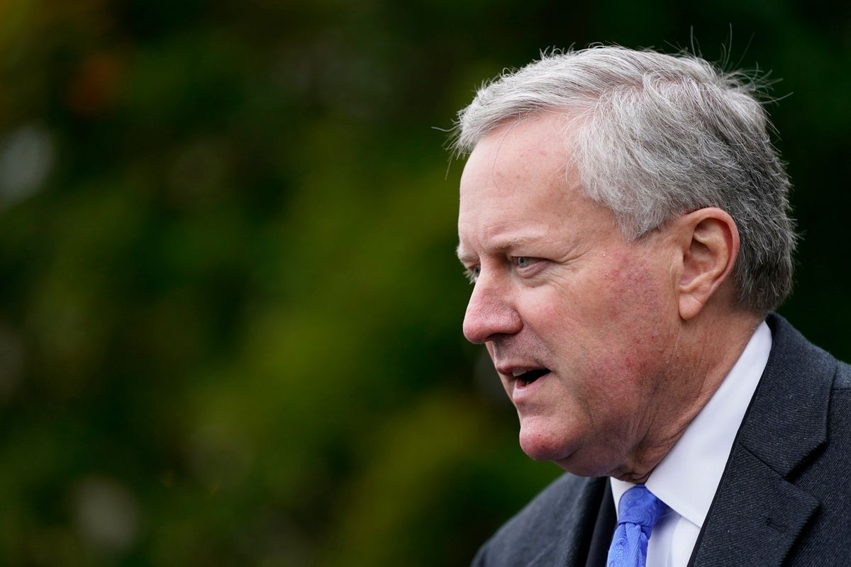 FILE - White House chief of staff Mark Meadows speaks with reporters outside the White House, Oct. 26, 2020, in Washington. The House panel investigating the Jan. 6 Capitol insurrection says it has “no choice” but to move forward with contempt charges against former Trump White House chief of staff Mark Meadows.  (Patrick Semansky)
