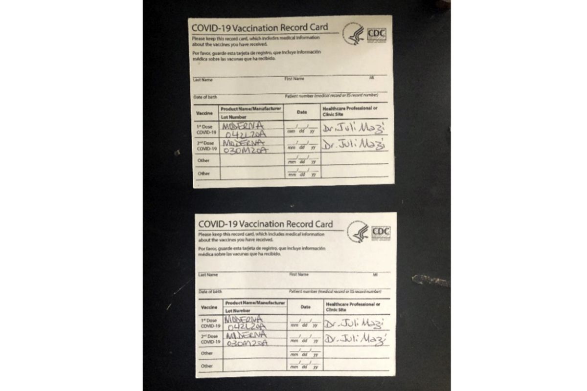 This undated image provided by the United States District Court for the Northern District of California shows two fake CDC COVID-19 Vaccination Record Cards that are part of a criminal complaint. With more than 600 colleges and universities now requiring proof of COVID-19 inoculations, an online industry has sprung up offering fake vaccine cards. Dozens of students interviewed by the Associated Press said they were aware of fake covid-19 vaccination cards, though none admitted to actually using one.  (US Courts)