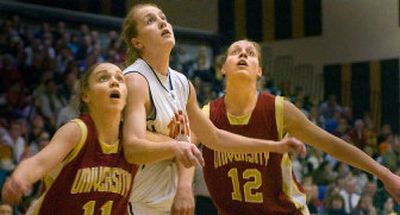 
LC's Heather Bowman, center, often deals with double-teaming defenses. Here she is sandwiched by University players Dara Zack, left, and Angie Bjorklund. 
 (Christopher Anderson / The Spokesman-Review)