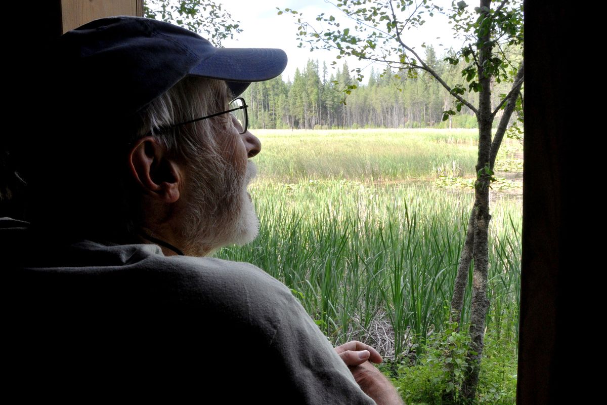 Joel Anderson peers out of the wildlife viewing blind along the McDowell Marsh Environmental Education Trail in the Little Pend Oreille National Wildlife Refuge.  (Rich Landers / The Spokesman-Review)