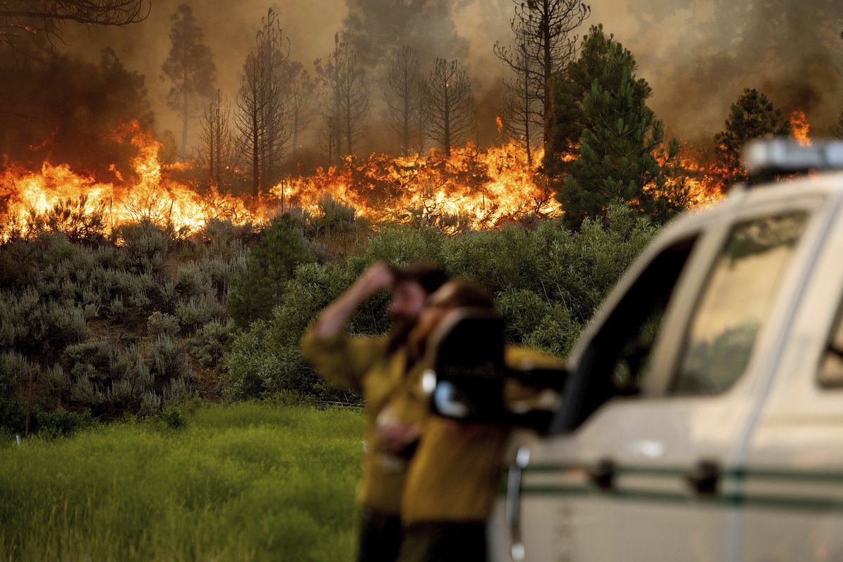 U.S. Forest Service firefighters Chris Voelker, left, and Kyle Jacobson monitor the Sugar Fire, part of the Beckwourth Complex Fire, burning in Plumas National Forest, Calif., on Friday, July 9, 2021. The Beckwourth Complex — a merging of two lightning-caused fires — headed into Saturday showing no sign of slowing its rush northeast from the Sierra Nevada forest region after doubling in size only a few days earlier.  (Noah Berger)