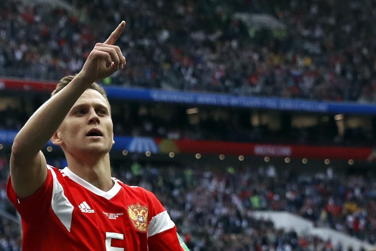 Russia’s Denis Cheryshev celebrates after scoring his side’s fourth goal during the group A match between Russia and Saudi Arabia which opens the 2018 soccer World Cup at the Luzhniki stadium in Moscow, Russia, Thursday, June 14, 2018. (Pavel Golovkin / Associated Press)