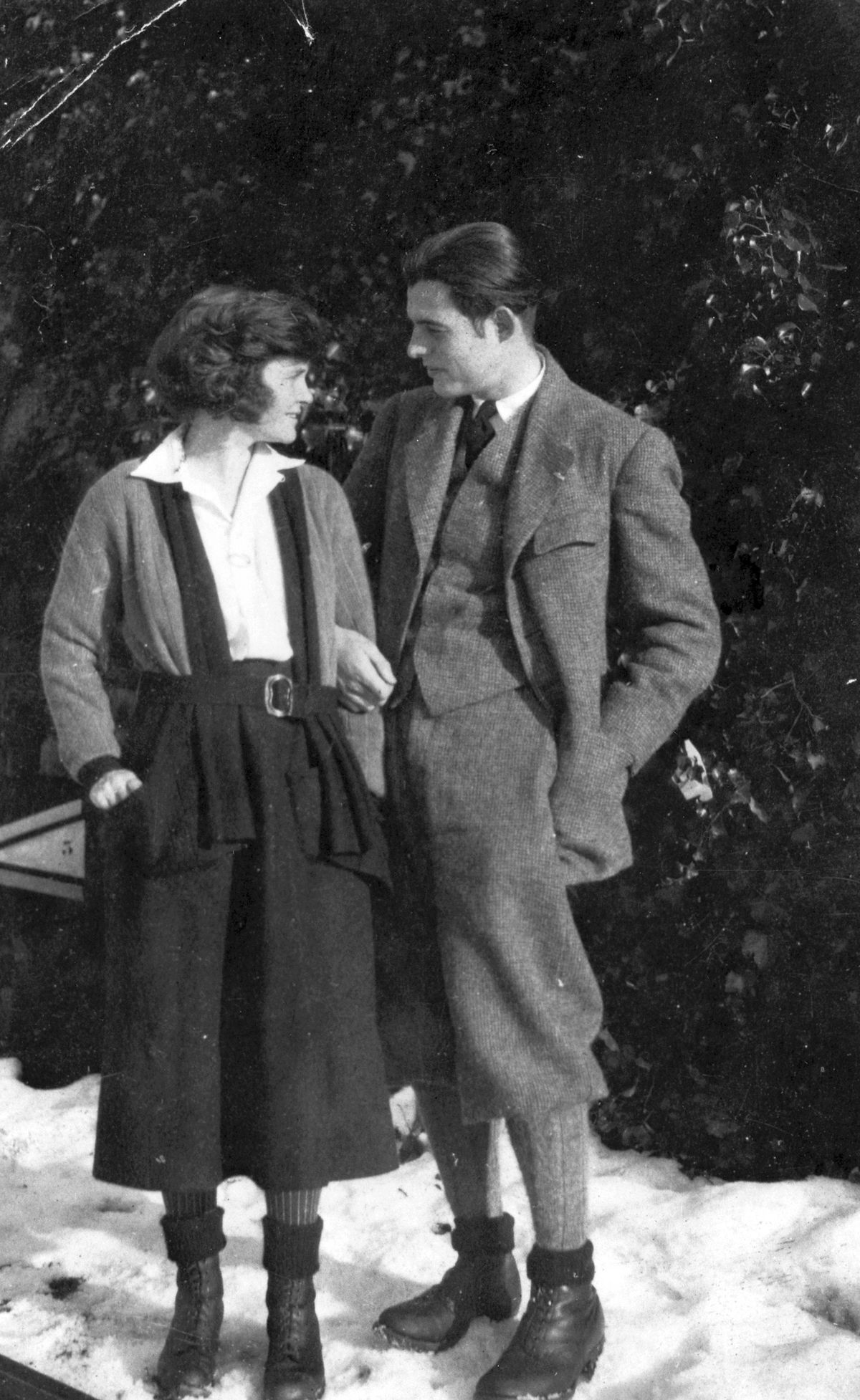 In this 1922 photo provided by the John F. Kennedy Library Foundation from the Ernest Hemingway Collection Ernest Hemingway stands with his first wife Hadley Hemingway in Chamby, Switzerland. A new three-part documentary about Hemingway, which relied heavily on the archives at the John F. Kennedy Presidential Library and Museum in Boston, debuts April 5, 2021, on PBS.  (HONS)