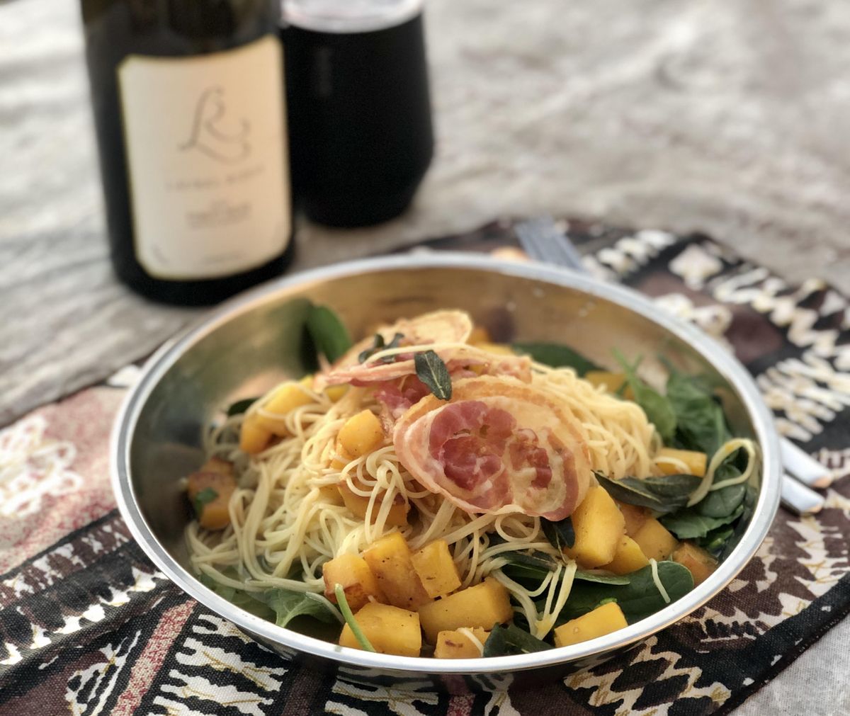 Butternut squash roasted over campfire coals was on the menu at our amazing site on the Oregon Coast. (Leslie Kelly)