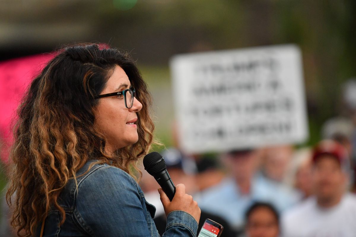 Jennyfer Mesa speaks during a vigil in 2019 at Riverfront Park in Spokane.  (TYLER TJOMSLAND/THE SPOKESMAN-REVIEW)