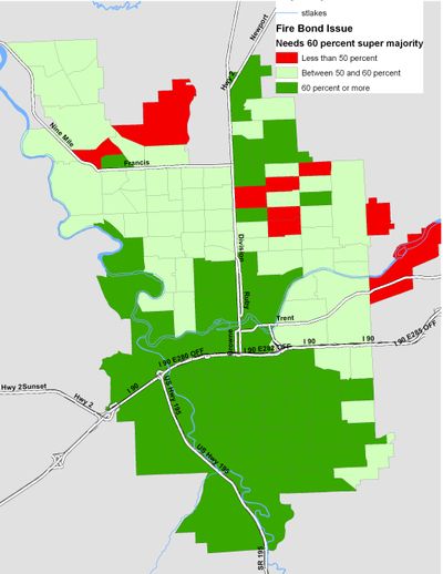 Precinct breakdown of vote totals in the Spokane City fire bond issue, as of Nov. 6, 2009 (The Spokesman-Review)