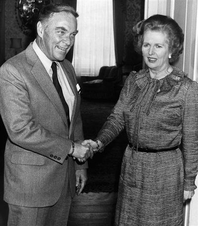 In this April 10, 1981, file photo, Premier Margaret Thatcher greets U.S. Secretary of State General Alexander Haig at No. 10 Downing Street, London. Haig, who served Republican presidents and ran for the office himself, has died, Saturday, Feb. 20, 2010. He was 85. (Associated Press)