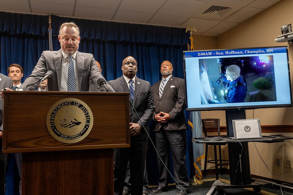 Acting U.S. Attorney Joseph H. Thompson addresses the media regarding the federal charges against Vance Boelter, who has been taken into custody on Sunday evening, during a press conference at the United States Courthouse in Minneapolis on Monday, June 16, 2025. (Elizabeth Flores/The Minnesota Star Tribune/TNS)  (Elizabeth Flores)