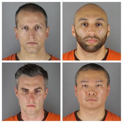 FILE - This combination of file photos provided by the Hennepin County Sheriff's Office in Minnesota on June 3, 2020, shows, top row from left, Derek Chauvin, and J. Alexander Kueng, bottom row from left, Thomas Lane and Tou Thao. A judge on Thursday, Nov. 5 declined defense requests to move the trial of the four Minneapolis police officers charged in George Floyd's death, and also ruled that all four would be tried in a single proceeding.  (HOGP)