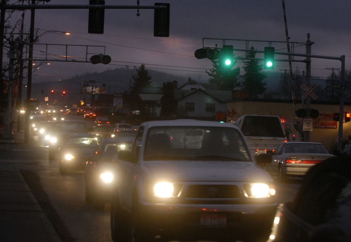 Looking south from Inland Empire Paper, the Argonne Road corridor is clogged with traffic during rush hour Monday evening. The Millwood City Council plans a special meeting in January to review citizen complaints about motorists cutting through their neighborhood on Fowler Road and Empire Way to avoid the congested intersections at Trent and Argonne. (J. BART RAYNIAK / The Spokesman-Review)