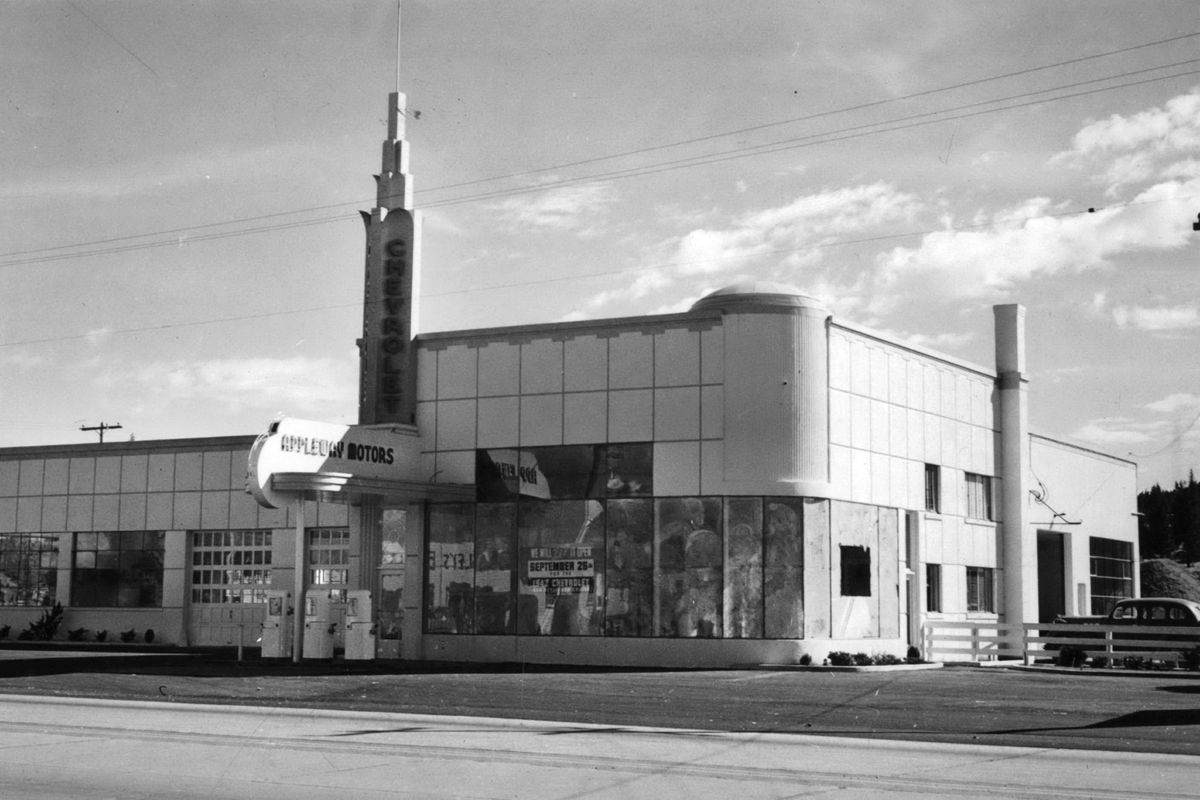 1941: Appleway Motors’ new dealership building on Appleway in Dishman is shown in late 1941, the year it was built by owner John A. Pring and contractor Walter G. Meyers. Appleway would grow into one of the largest auto businesses in the region, adding dealerships for Toyota, Subaru, Mitsubishi and others over the years. After Pring’s in 1992, the large family business would merge in 1997 with Republic International, the holding company with a stake in national dealer AutoNation.  (Spokesman-Review Photo Archives)