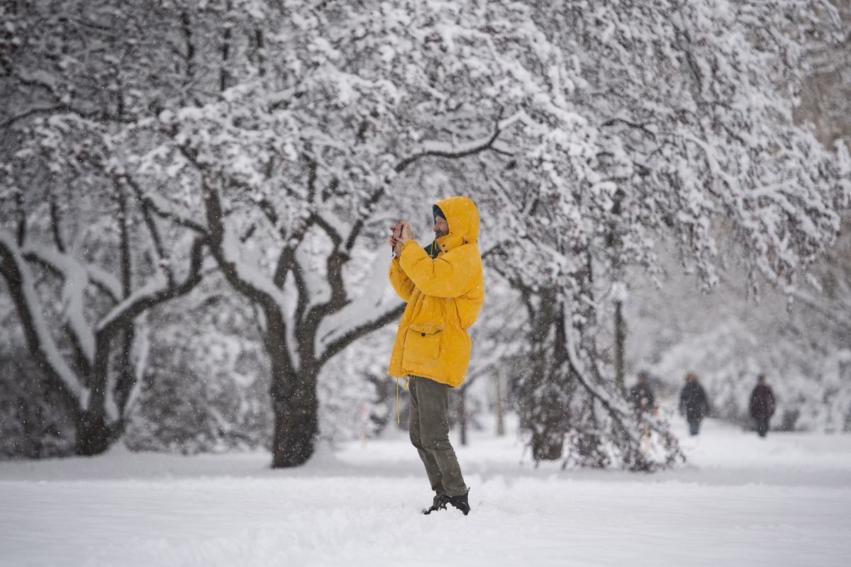 A person takes a photo with their phone during a major snowstorm in Ottawa on Saturday, Jan. 16, 2021.  (Justin Tang)