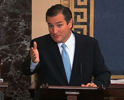 This image from Senate video shows Sen. Ted Cruz, R-Texas, speaking on the Senate floor at the Capitol in Washington on Tuesday. (Associated Press)