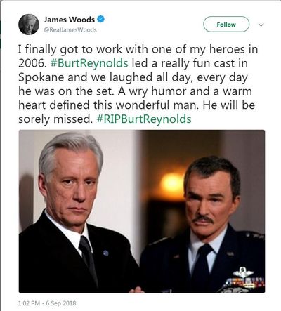 Actor James Woods tweeted his remembrance of Burt Reynolds from their time filming “End Game” in Spokane. The film, released in 2006, was filmed in 2005. (Twitter)