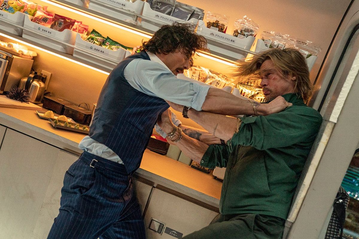Aaron Taylor-Johnson, left, and Brad Pitt in “Bullet Train.”  (Sony Pictures)