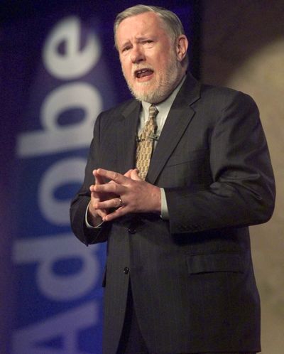 In this June 24, 1999 photo, Dr. Charles M. Geschke, president, co-chairman and co-founder of Adobe Systems Inc., delivers his keynote address about the future of workplace information on the final day of PC Expo at New York's Jacob K. Javits Convention Center. Charles 