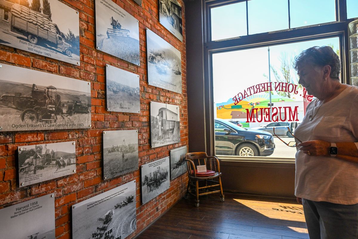 Lydia Smith, president of the local historical society, looks over a wall display of historical farming photos inside the St. John Heritage Museum in St. John, Wash., Tuesday. The town’s museum is open most days and is attached to City Hall.  (Jesse Tinsley/The Spokesman-Review)