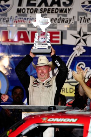 Todd Bodine celebrates in victory lane after collecting his first victory of the 2010 season. (Photo courtesy of Robert Laberge/Getty Images) (Robert Laberge / Getty Images North America)