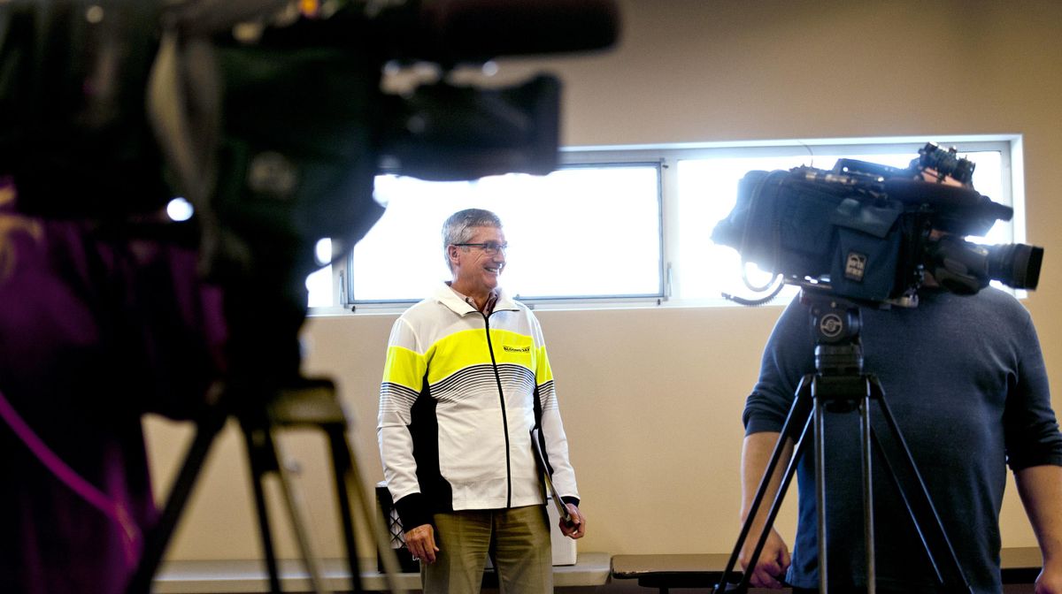 Bloomsday founder Don Kardong smiles as he is introduced during the Bloomsday kickoff news conference on Tuesday, Feb. 26, 2019. Kardong will retire after the 2019 run. (Kathy Plonka / The Spokesman-Review)