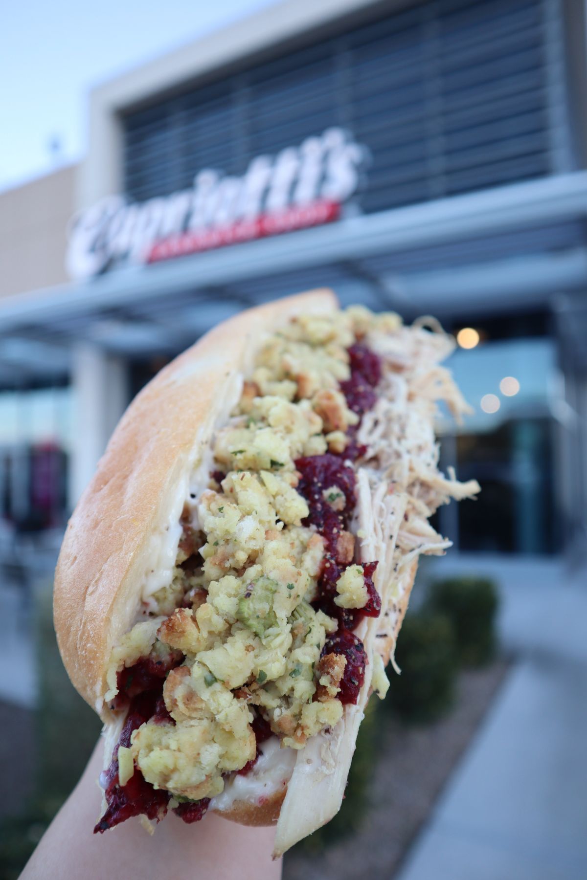 The Bobbie, at Capriotti’s Sandwich Shop, is made with slow-roasted hand-pulled turkey topped, cranberry sauce, handmade stuffing and mayo. (Courtesy)