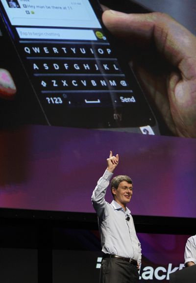 Thorsten Heins, president and CEO of Research in Motion, gestures during a demonstration of the new BlackBerry 10 at the BlackBerry Jam Americas conference in San Jose, Calif., on Tuesday. (Associated Press)