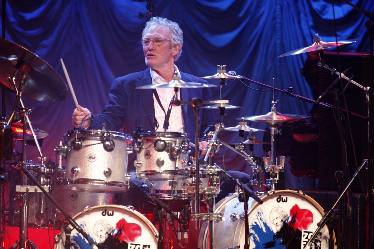 Ginger Baker performs at the ‘Zildjian Drummers Achievement Awards’ at the Shepherd’s Bush Empire in London on Dec. 7, 2008. The family of drummer Ginger Baker, the volatile and propulsive British musician who was best known for his time with the power trio Cream, says he died, Sunday Oct. 6, 2019. He was 80. (MJ Kim / AP)