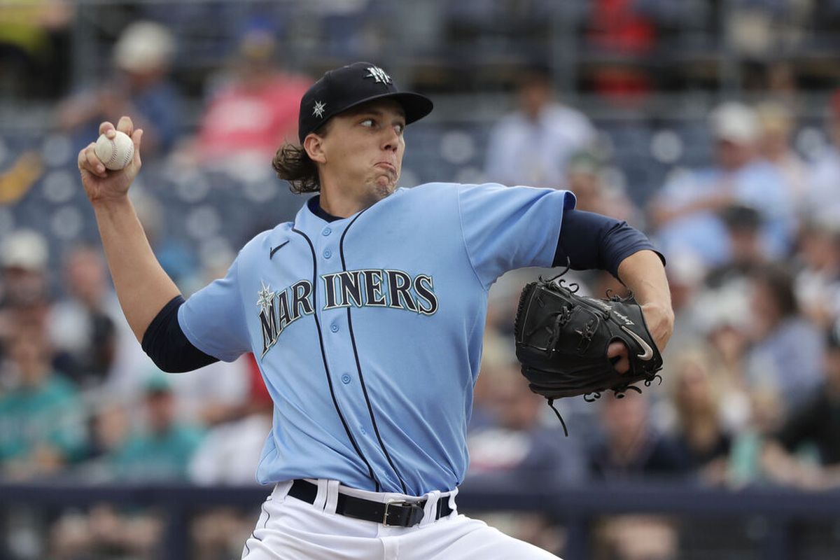 Logan Gilbert, the Mariners’ top pitching prospect, throws against the Los Angeles Angels in spring training.  (Elaine Thompson/Associated Press)