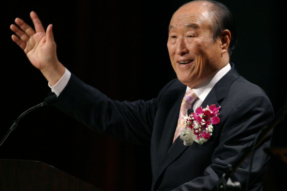 Unification Church leader the Rev. Sun Myung Moon speaks during his “Now is God’s Time” rally in New York in 2005. (Associated Press)