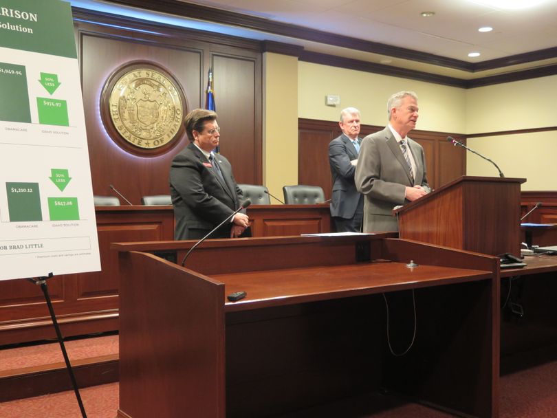 Lt. Gov. Brad Little speaks at the  AP Legislative Preview on Friday, Jan. 5, 2018 at the Idaho state Capitol; at left is Idaho Insurance Director Dean Cameron, and at right is Gov. Butch Otter. (Betsy Z. Russell)