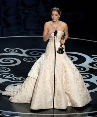 Jennifer Lawrence accepts the Academy Award for best actress in a leading role for “Silver Linings Playbook.” (Associated Press)