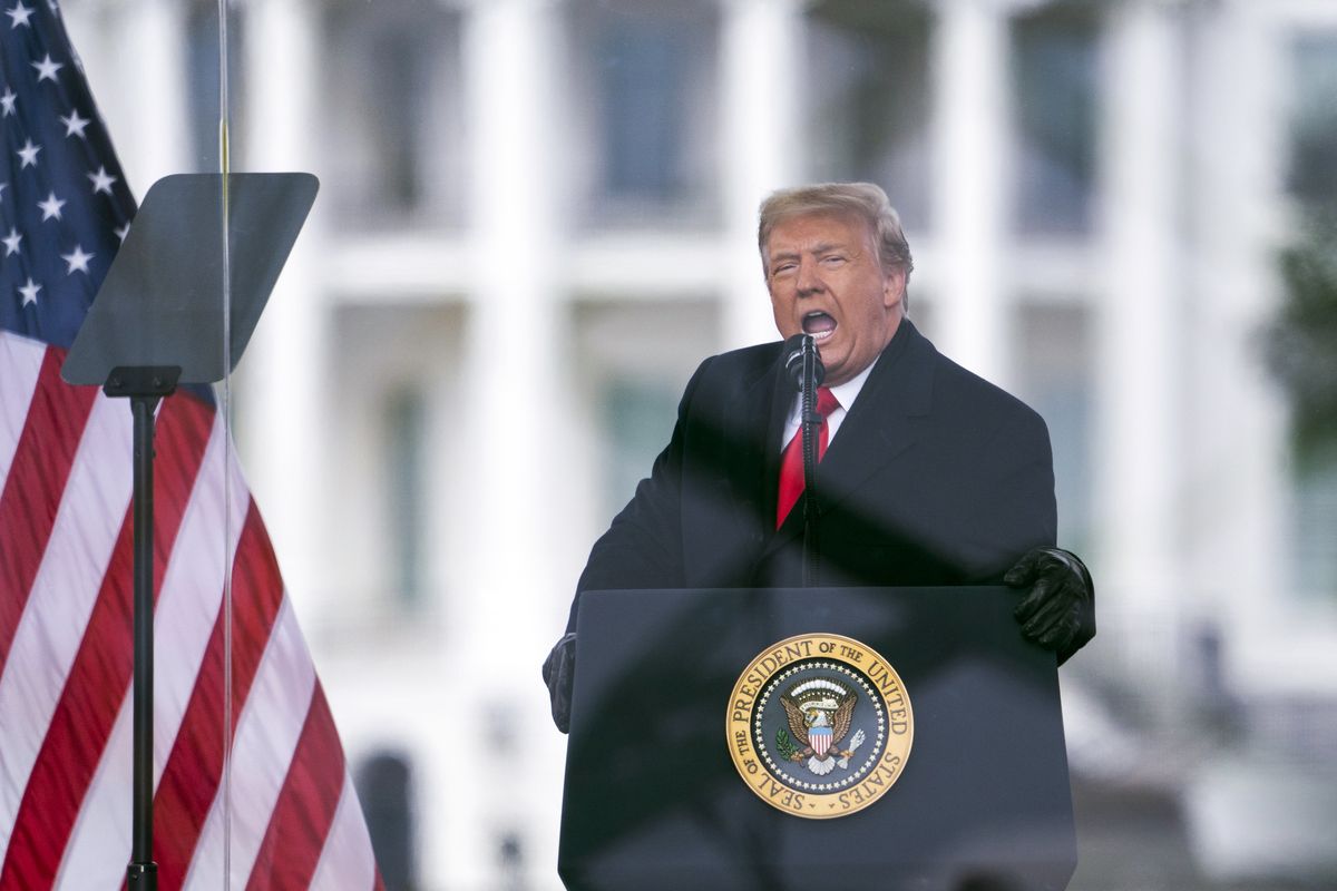 FILE - President Donald Trump speaks during a rally protesting the electoral college certification of Joe Biden as President in Washington on Jan. 6, 2021. The House panel investigating the Jan. 6 insurrection at the Capitol has identified a roughly eight-hour gap in official records of then-President Donald Trump