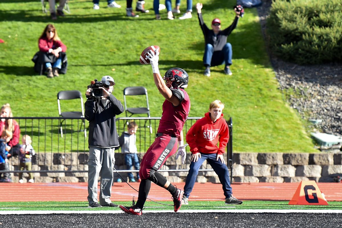 Whitworth receiver Isain Wong-Lonzanida (1) celebrates scoring a touchdown against Pacific Lutheran during a college football game on Saturday, October 13, 2018, in Spokane, Wash. (Tyler Tjomsland / The Spokesman-Review)