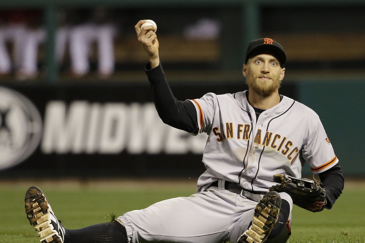 Giants right fielder Hunter Pence reacts after a diving catch in the fifth inning. (Associated Press)