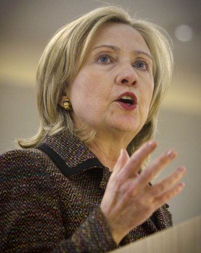 U.S. Secretary of State Hillary Rodham Clinton speaks Monday at the Human Rights Council in Geneva, Switzerland. (Associated Press)