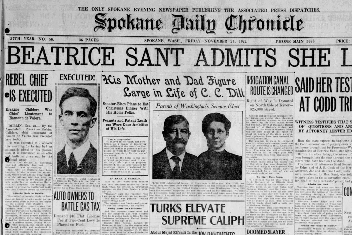 Beatrice Sant had testified in the murder trial of Maurice Codd that she saw Frank Brinton accidentally fall to his death during a fight, as opposed to being thrown over the railing by Codd. The jury apparently believed her, and acquitted Codd. The Spokane Daily Chronicle on Nov. 24, 1922 reported that she admitted that Codd