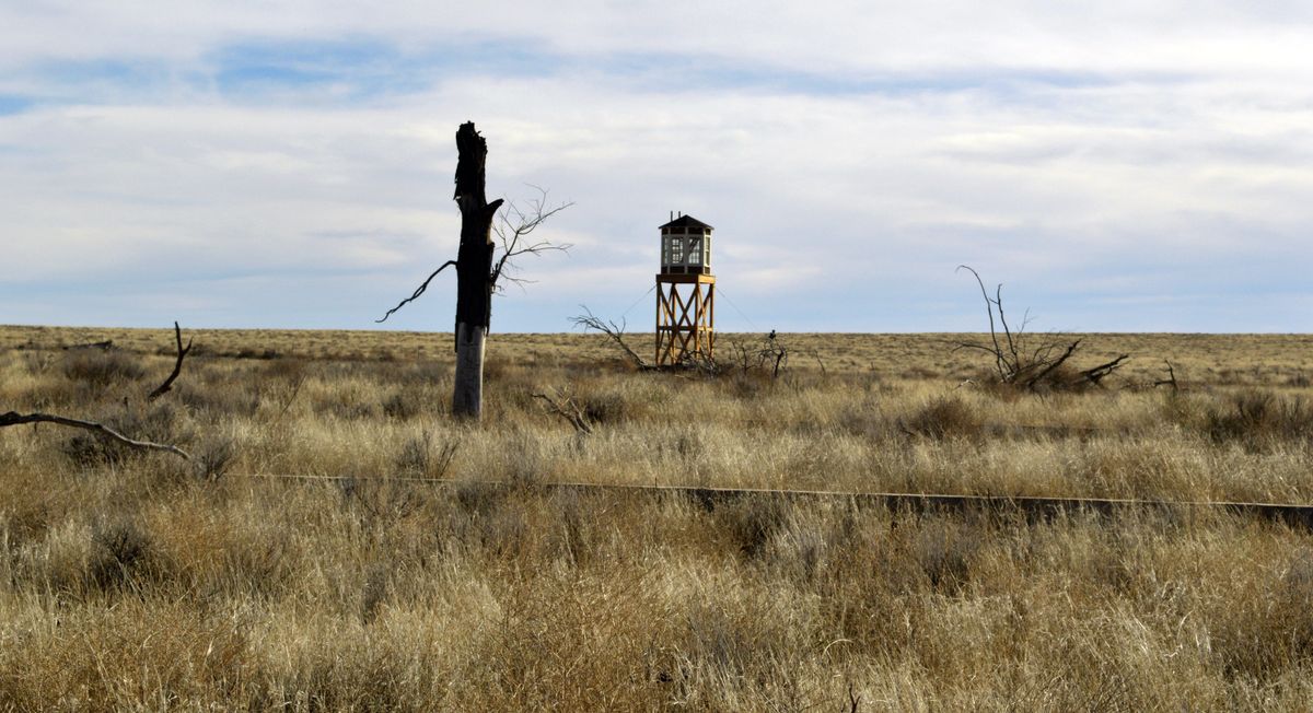 A rebuilt watchtower stands at Camp Amache, on Jan. 18, 2015, the site of a former World War II-era Japanese-American internment camp in Granada, Colo. On the eve of the 80th anniversary of the forced internment of 120,000 Japanese-Americans at the onset of World war II, Republican U.S. Sen. Mike Lee of Utah is getting backlash for holding up the creation of a national historic site at the former internment camp in extreme southeast Colorado. (Russell Contreras)