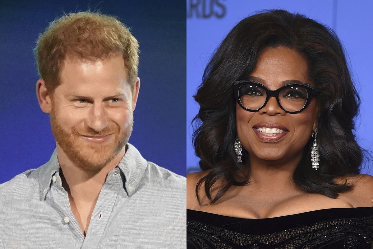Prince Harry, Duke of Sussex speaks at "Vax Live: The Concert to Reunite the World" in Inglewood, Calif. on May 2, 2021, left, and Oprah Winfrey appears at the 75th annual Golden Globe Awards in Beverly Hills, Calif. on Jan. 7, 2018. Winfrey and Prince Harry