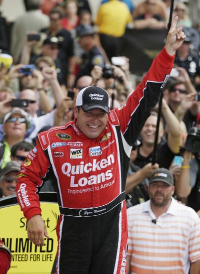 Ryan Newman celebrates after winning Brickyard 400 last Sunday. (Associated Press)