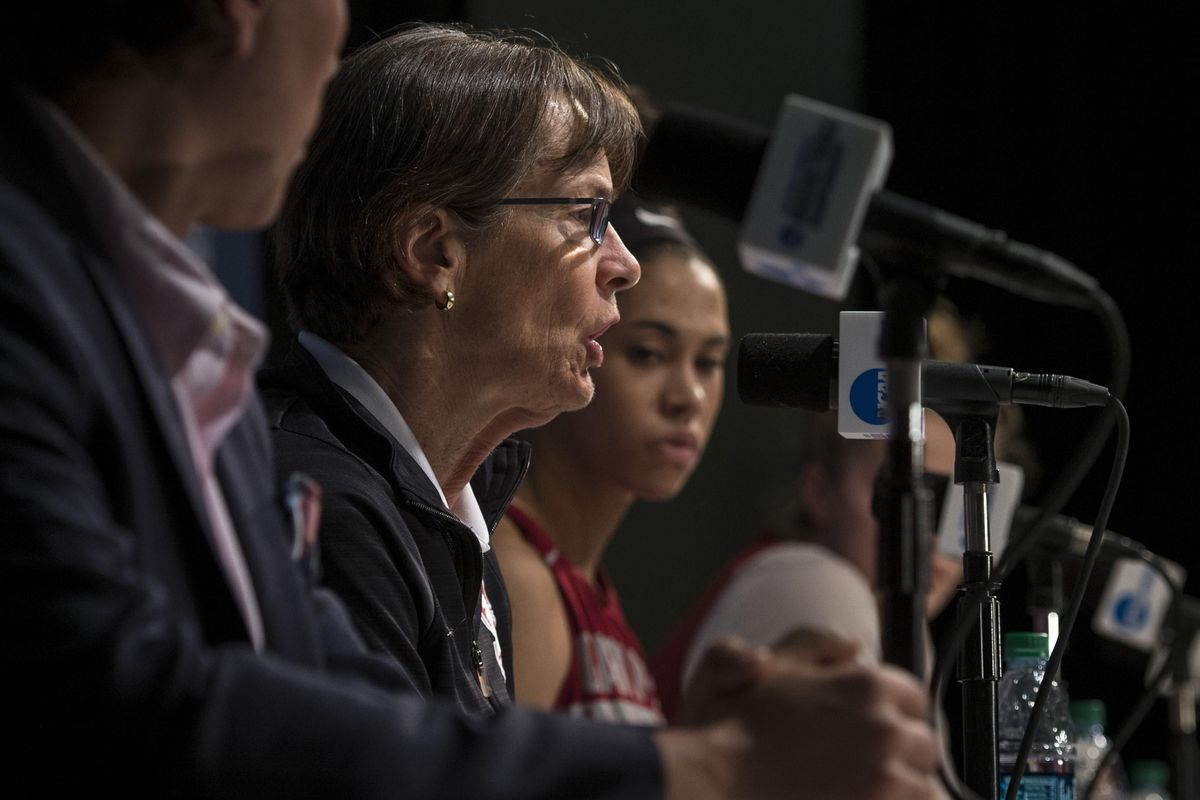 Stanford head coach Tara VanDerveer talks with the media on Friday  at Stanford University in Stanford, California. (Colin Mulvany / The Spokesman-Review)